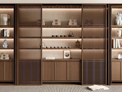 Modern Chinese Wooden Bookcase with Slatted Doors Multi-layered Shelves Displaying Books Decorative Items Tea Sets 3d model