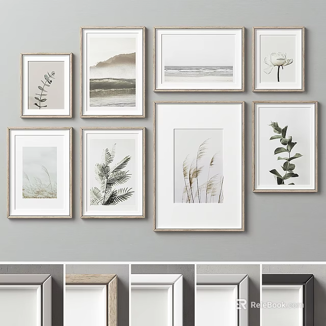 Framed Wall Art Collection With Plant Nature Prints And Various Frame Colors On Gray Wall 3d model 