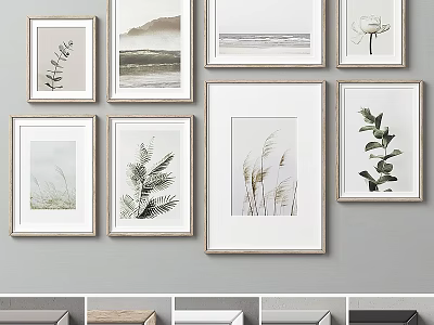 Framed Wall Art Collection With Plant Nature Prints And Various Frame Colors On Gray Wall 3d model