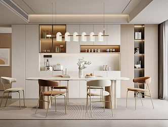 Modern Restaurant Dining Table and Chair Combination Chandelier Sideboard Hanging Painting Decoration Green Plant 3d model