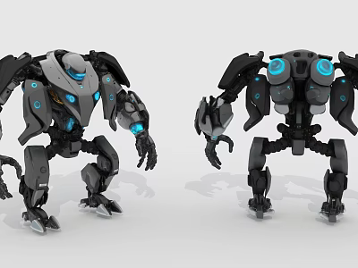 Futuristic Mechanical Robots With Blue Glowing Elements And Metallic Design 3d model