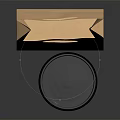 Decorative Ornament Set with Paper Bag and Stacked Paper Cups White Lids on Black Background
