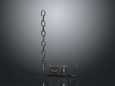 Vertical Silver Chain Hanging With Metal Blocks And Hook Against Black Background 3d model