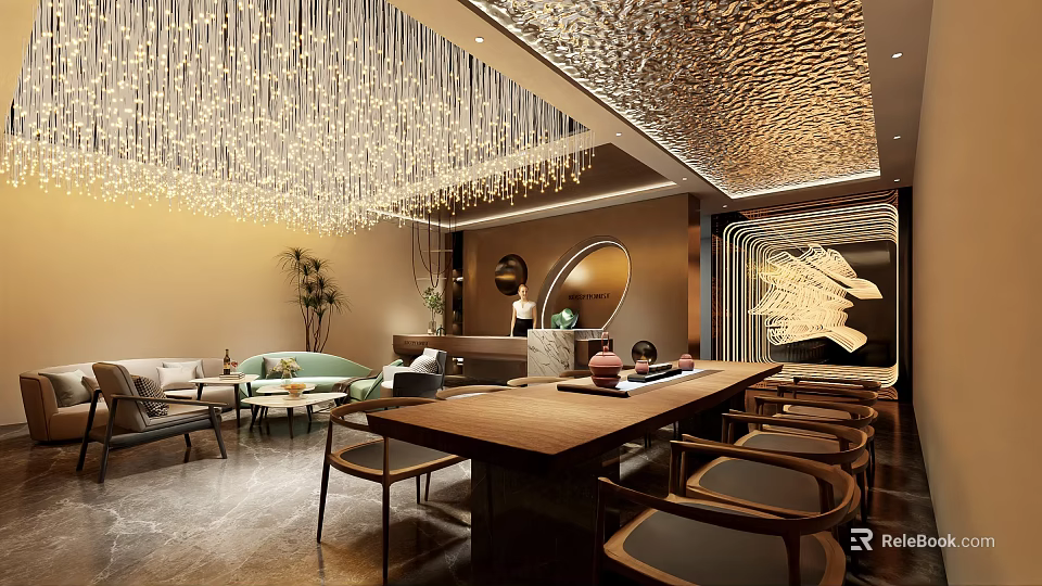 Modern Reception Area With Crystal Chandelier Decorative Ceiling Wooden Desk Round Mirror Sofa And Plants 3d model 