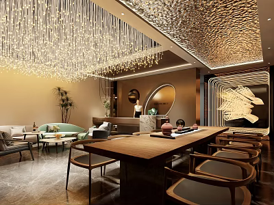 Modern Reception Area With Crystal Chandelier Decorative Ceiling Wooden Desk Round Mirror Sofa And Plants 3d model