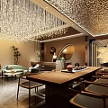 Modern Reception Area With Crystal Chandelier Decorative Ceiling Wooden Desk Round Mirror Sofa And Plants