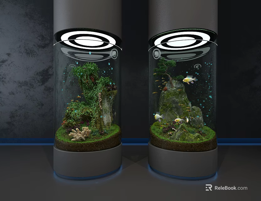 Modern Cylindrical Glass Fish Tanks With Aquatic Plants Rocks And Colorful Fish Under Circular Lighting 3d model 