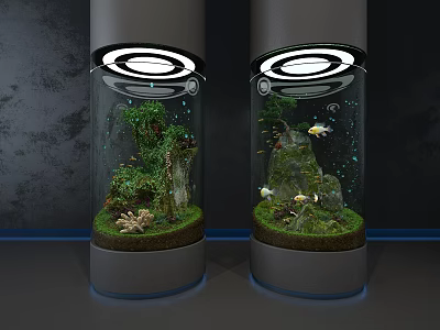 Modern Cylindrical Glass Fish Tanks With Aquatic Plants Rocks And Colorful Fish Under Circular Lighting 3d model