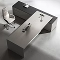 Modern Minimalist Office Desk with Gray Black Surface White Chair Desk Lamp and Laptop