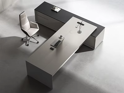 Modern Minimalist Office Desk with Gray Black Surface White Chair Desk Lamp and Laptop 3d model