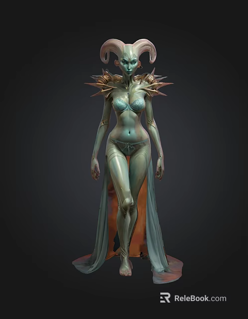Futuristic Female Character With Blue Skin Spiked Shoulders And Flowing Skirt 3d model 
