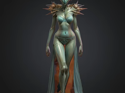 Futuristic Female Character With Blue Skin Spiked Shoulders And Flowing Skirt 3d model