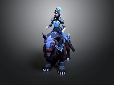 Fantasy Character In Blue Armor Riding Horned Dark Mythical Mount With Blue Accents 3d model