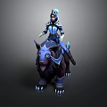 Fantasy Character In Blue Armor Riding Horned Dark Mythical Mount With Blue Accents
