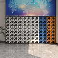 Interior Space With World Map Wall Colorful Circular Hole Panel And Marble Floor 3d model