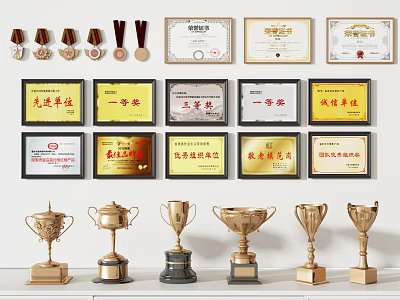 Collection of Golden Trophies and Medals with Wall Displayed Certificates 3d model