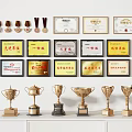 Collection of Golden Trophies and Medals with Wall Displayed Certificates