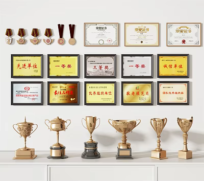 Collection of Golden Trophies and Medals with Wall Displayed Certificates 3d model