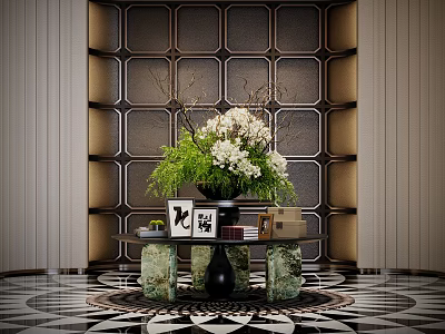 Elegant Hotel Lobby Interior With Decorative Flower Arrangement Geometric Wall And Ornate Floor Design 3d model