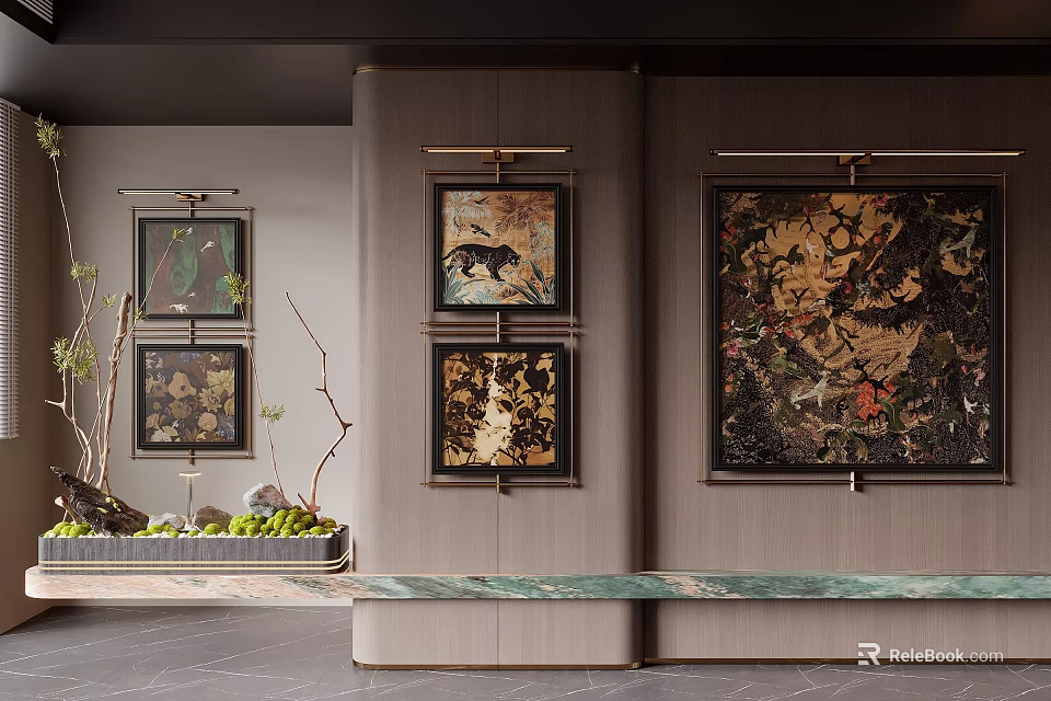 Abstract Paintings on Modern Interior Walls with Green Plants and Art 3d model 