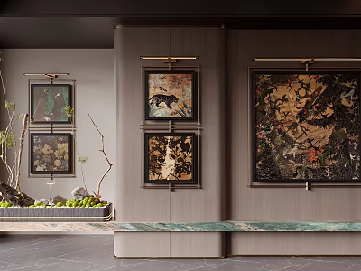 Abstract Paintings on Modern Interior Walls with Green Plants and Art 3d model