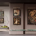 Abstract Paintings on Modern Interior Walls with Green Plants and Art