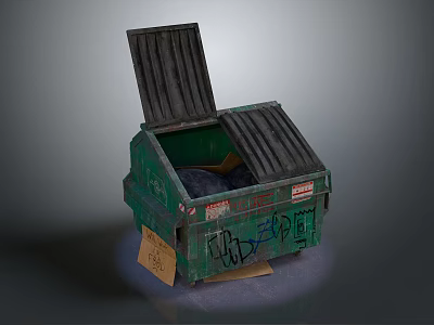 Green Trash Bin with Open Lid and Trash Inside and Graffiti on Surface 3d model