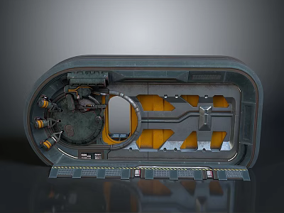 Futuristic Cabin Interior With Circular Hatch And Yellow Mechanical Panels 3d model