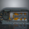 Futuristic Cabin Interior With Circular Hatch And Yellow Mechanical Panels