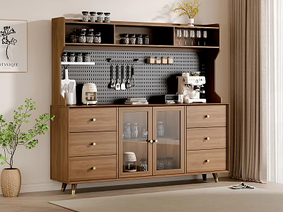 Modern Wooden Sideboard With Drawers Glass Doors Open Shelves And Hanging Utensils 3d model