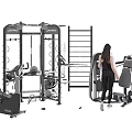 Woman Working Out With Gym Equipment Including Multi Functional Trainer And Exercise Bike