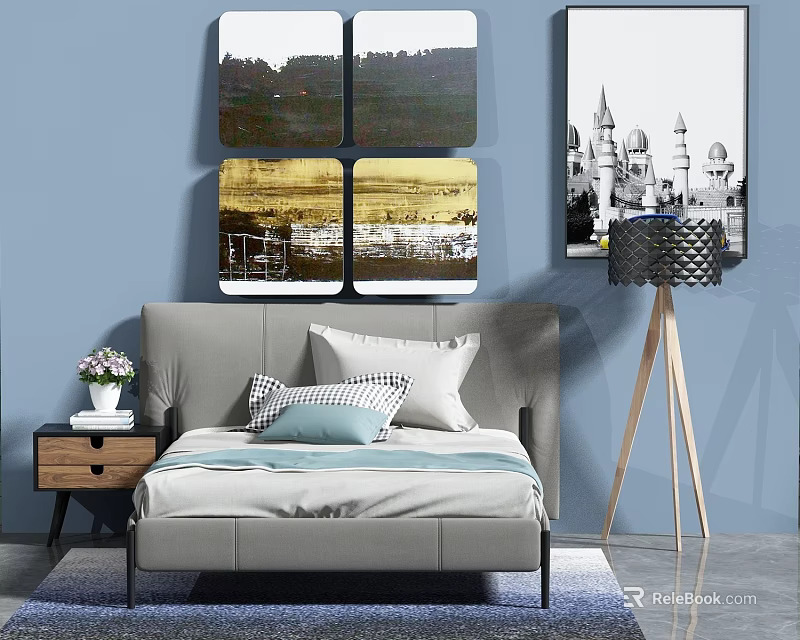 Background Double Bed with Gray Headboard Pillows Nightstand Vase and Blue Wall Decorative Paintings 3d model 