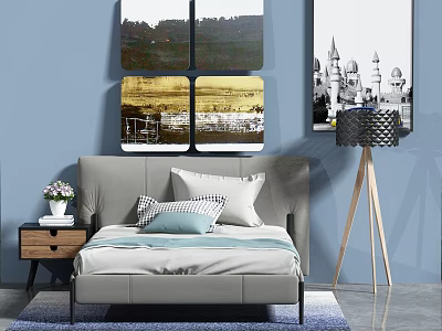 Background Double Bed with Gray Headboard Pillows Nightstand Vase and Blue Wall Decorative Paintings 3d model