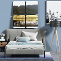 Background Double Bed with Gray Headboard Pillows Nightstand Vase and Blue Wall Decorative Paintings