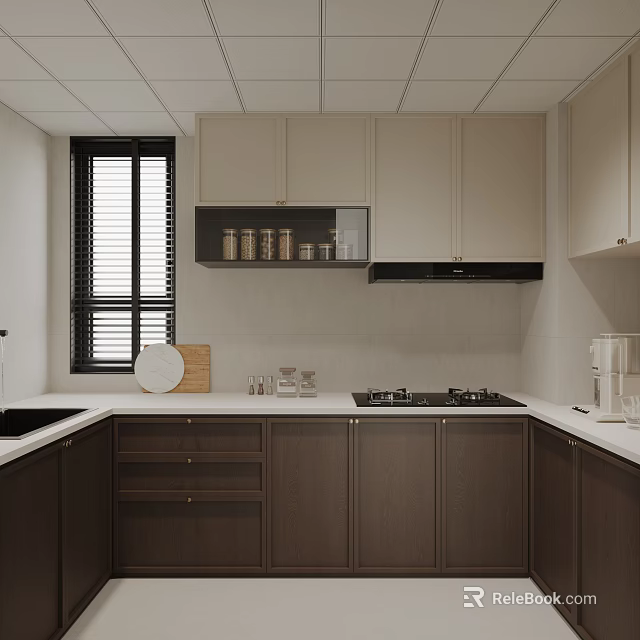 Modern Kitchen Interior With White And Dark Brown Cabinets Window Blinds Stove And Countertop Items 3d model 