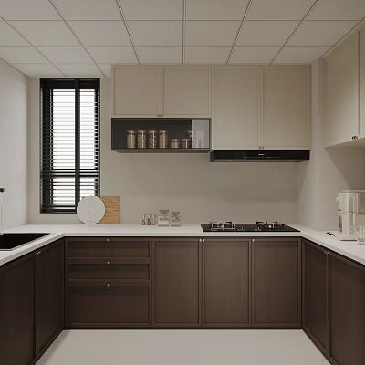 Modern Kitchen Interior With White And Dark Brown Cabinets Window Blinds Stove And Countertop Items 3d model