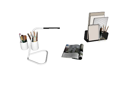 Office Desk Organizers With White Pen Holder Colored Pencils Black File Rack And Magazine 3d model