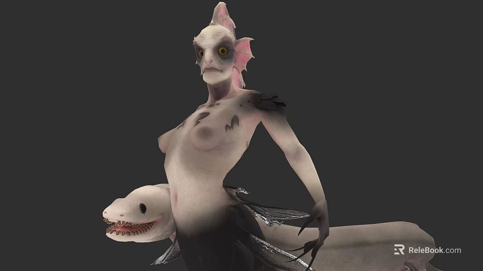Fantasy Human Fish Hybrid Creature With Pale Skin Fish Fins And Sharp Teeth 3d model 