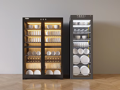 Modern Kitchen Appliances Storage Cabinets With Glass Doors And Illuminated Utensils 3d model
