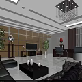 Modern Office Interior Design With Wooden Bookshelves Chandelier Sofa And Large Green Plant