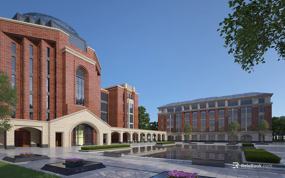 Red Brick School Building With Dome Arched Entrance Courtyard Pool Green Plants And Trees 3d model 