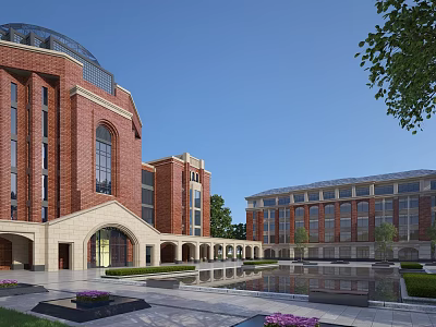 Red Brick School Building With Dome Arched Entrance Courtyard Pool Green Plants And Trees 3d model