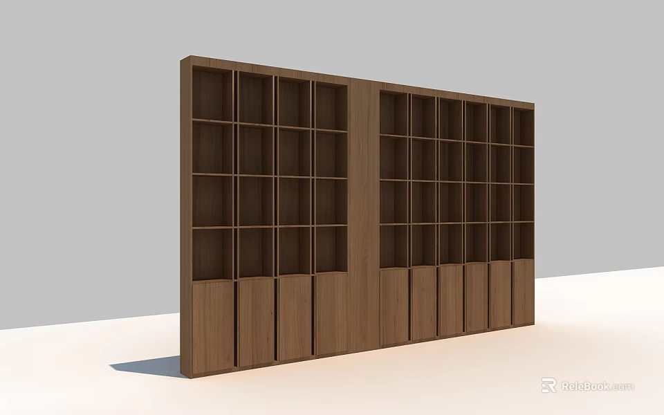 Tall Modern Wooden Bookcase With Multiple Open Shelves And Cabinet Doors 3d model 