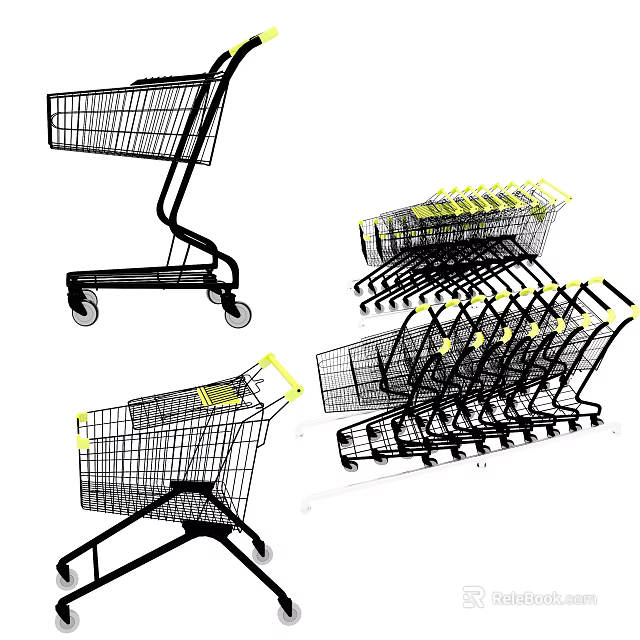Multiple Public Facility Shopping Carts Stacked in Retail Store Area 3d model 