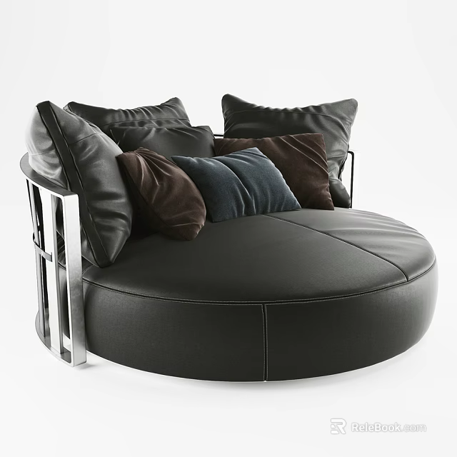 Black Leather Large Round Sectional Sofa with Multiple Colored Pillows and Metal Frame Armrests 3d model 