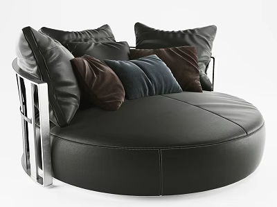 Black Leather Large Round Sectional Sofa with Multiple Colored Pillows and Metal Frame Armrests 3d model