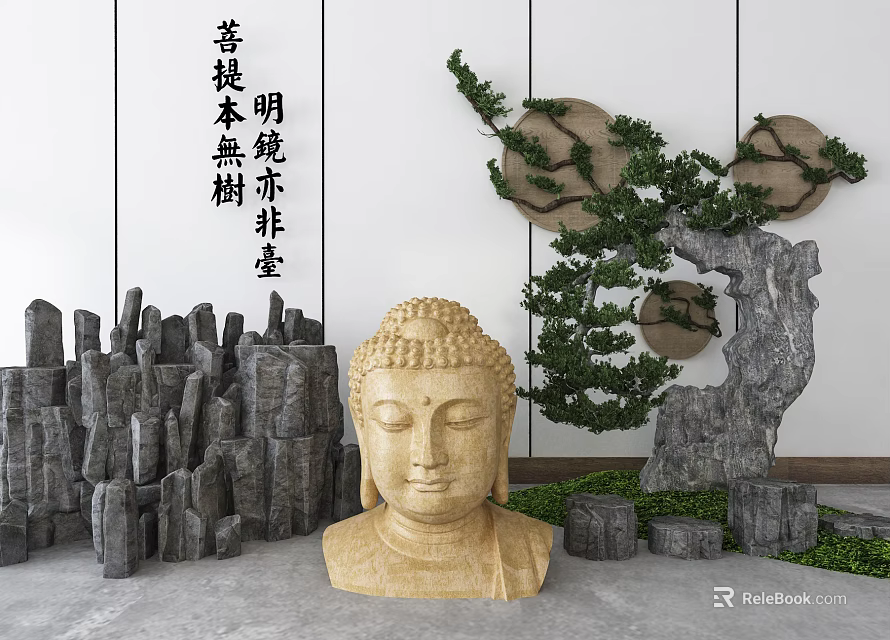 Traditional Garden Ornaments With Buddha Head Stone Piles Pine Branches And Circular Wall Decor 3d model 