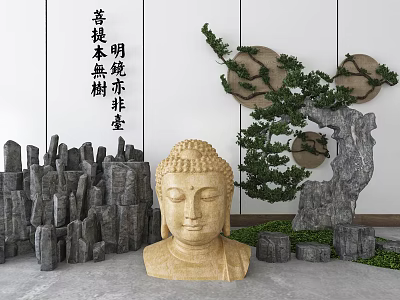 Traditional Garden Ornaments With Buddha Head Stone Piles Pine Branches And Circular Wall Decor 3d model