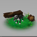 Gray Wolf Standing on Lush Green Grass with Logs Mushrooms and Small Flowers