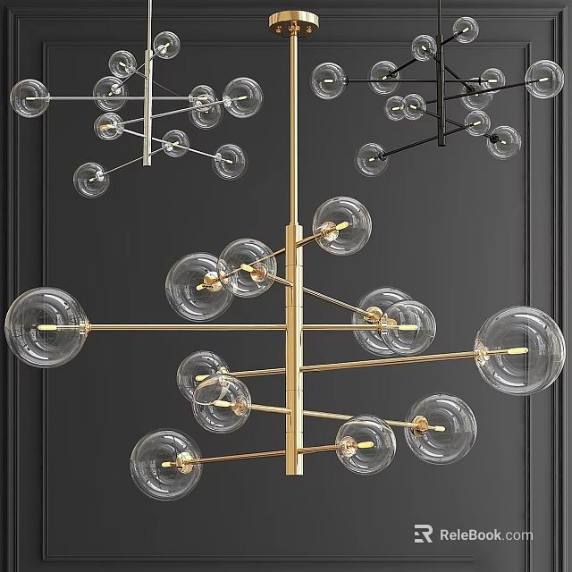 Modern Glass Ball Chandelier with Branched Brass Frame and Clear Globes 3d model 